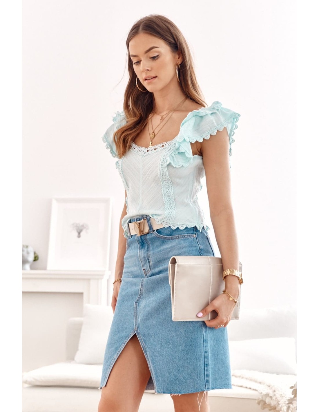 Short blouse with ruffles and guipure, light blue 517 - Online store - Boutique